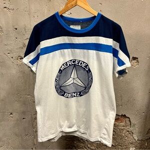 Vintage 1970s Mercedes Benz Made in Italy Blue White T-Shirt Large Colorblock